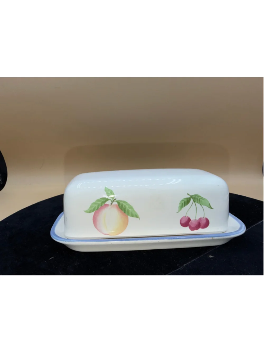1999 Pfaltzgraff Hopscotch Fruit Ceramic Covered Butter Dish Peach Cherry